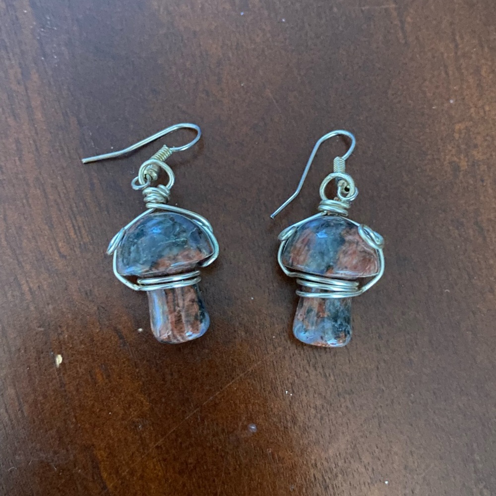 black and brown stone mushroom carving cottagecore silver earrings